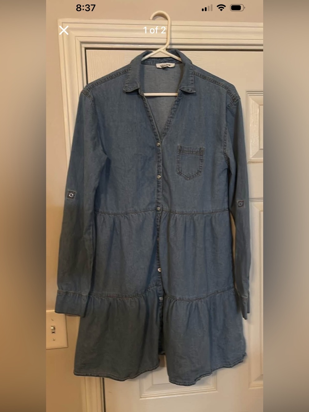 mittoshop Blue Denim Button-Front Tiered Mini Dress